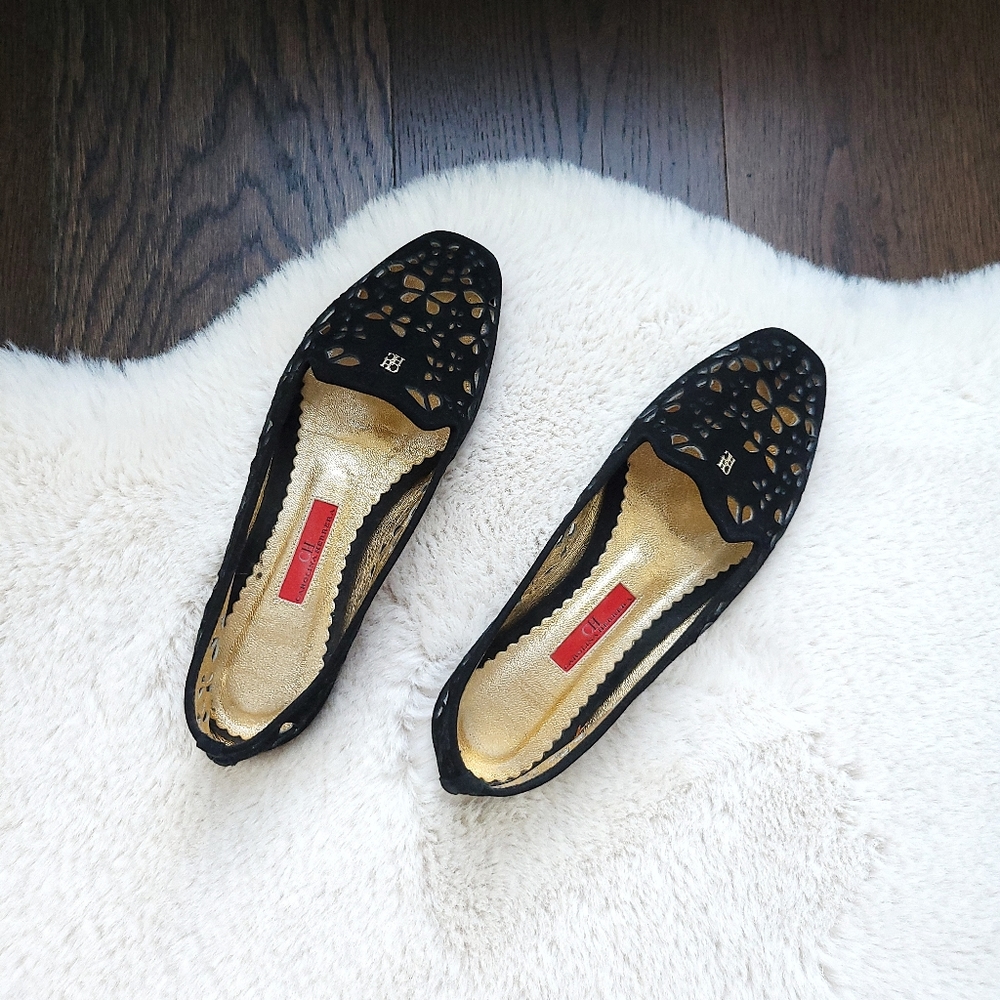 Carolina Herrera Butterfly Laser Cut Out Leather Square Toe Ballet Flats